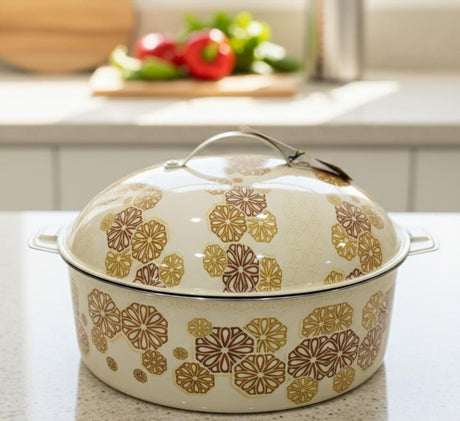 MAYFLOWER Stainless Steel Hot Pot 5000ml – White with Gold & Brown Floral Design, Elegant Food Warmer