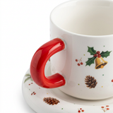 Ceramic Christmas Cup & Saucer Set White with Red Handle - 350ml