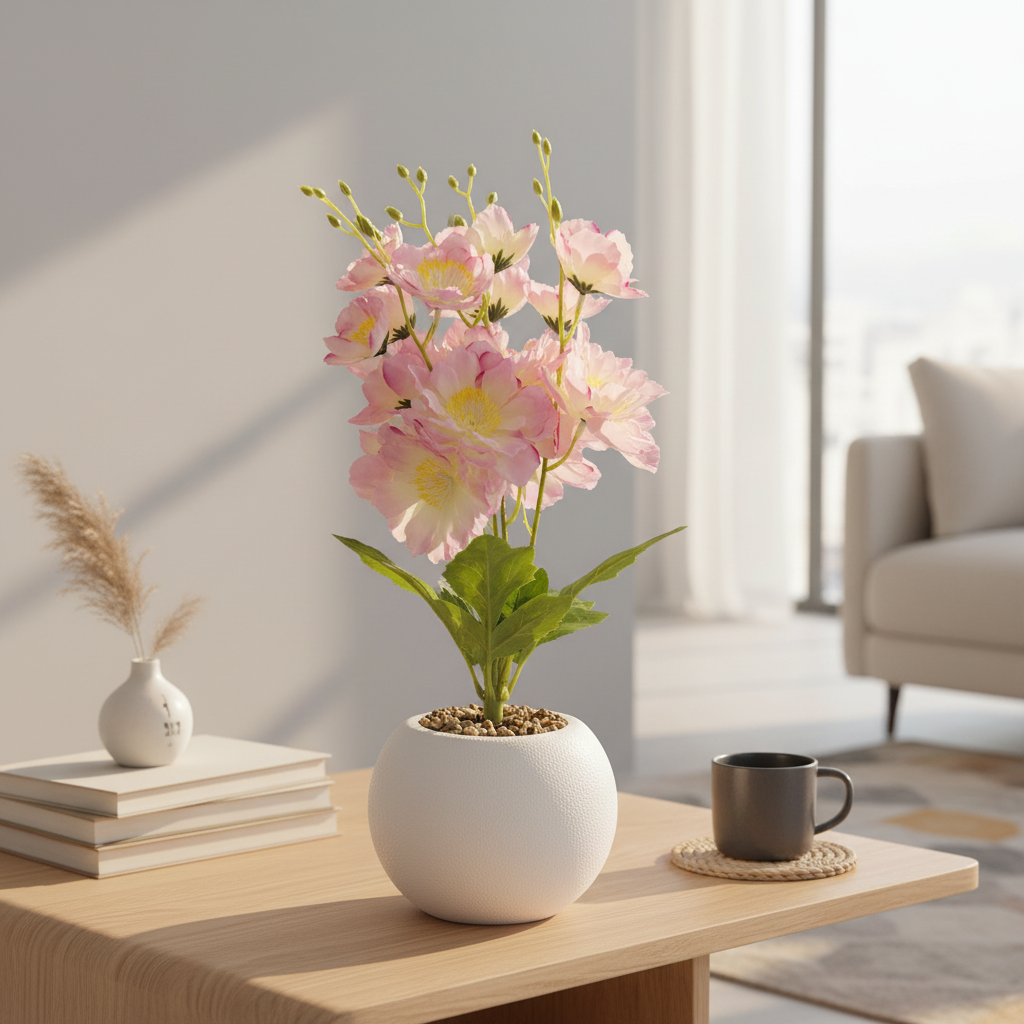 Artificial Flower Plant Pink with White Plastic Pot - 40cm