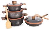Life Smile  Burj Al Arab Series 10pcs   Non-Stick Granite Coating Cookware Set Includes 6.2 Liter Soup Pot with Lid- 1pc, 4.1 Liter Soup Pot with Lid- 1pc, 2.4 Liter Soup Pot with Lid- 1pc, 2.9 Liter Fry Pan Lid- 1pc, 2pc Spoons, LIFEP15-10T2-Brown