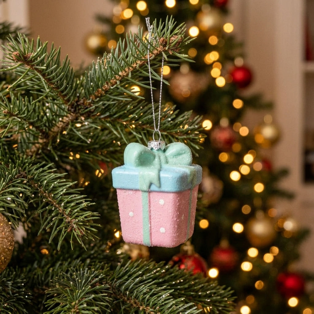 Christmas Plastic Gift Box Hanging Decoration – Pink & Mint Green, 7 cm