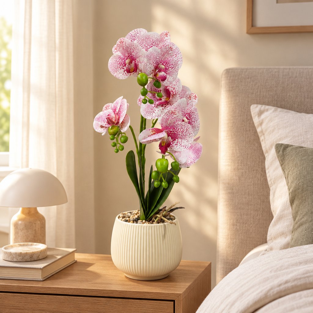 Artificial Orchid Flower Plant with Ceramic Pot Pink & White - 40cm