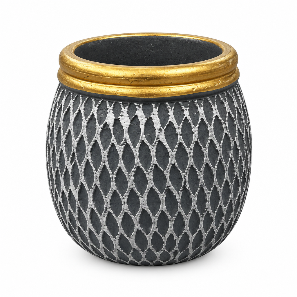Ceramic Flower Vase Dark Grey with Gold Rim - 9×9cm