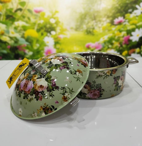 MAYFLOWER Stainless Steel Hot Pot 2500ml – Pista Green Floral Design, Insulated Serving Bowl