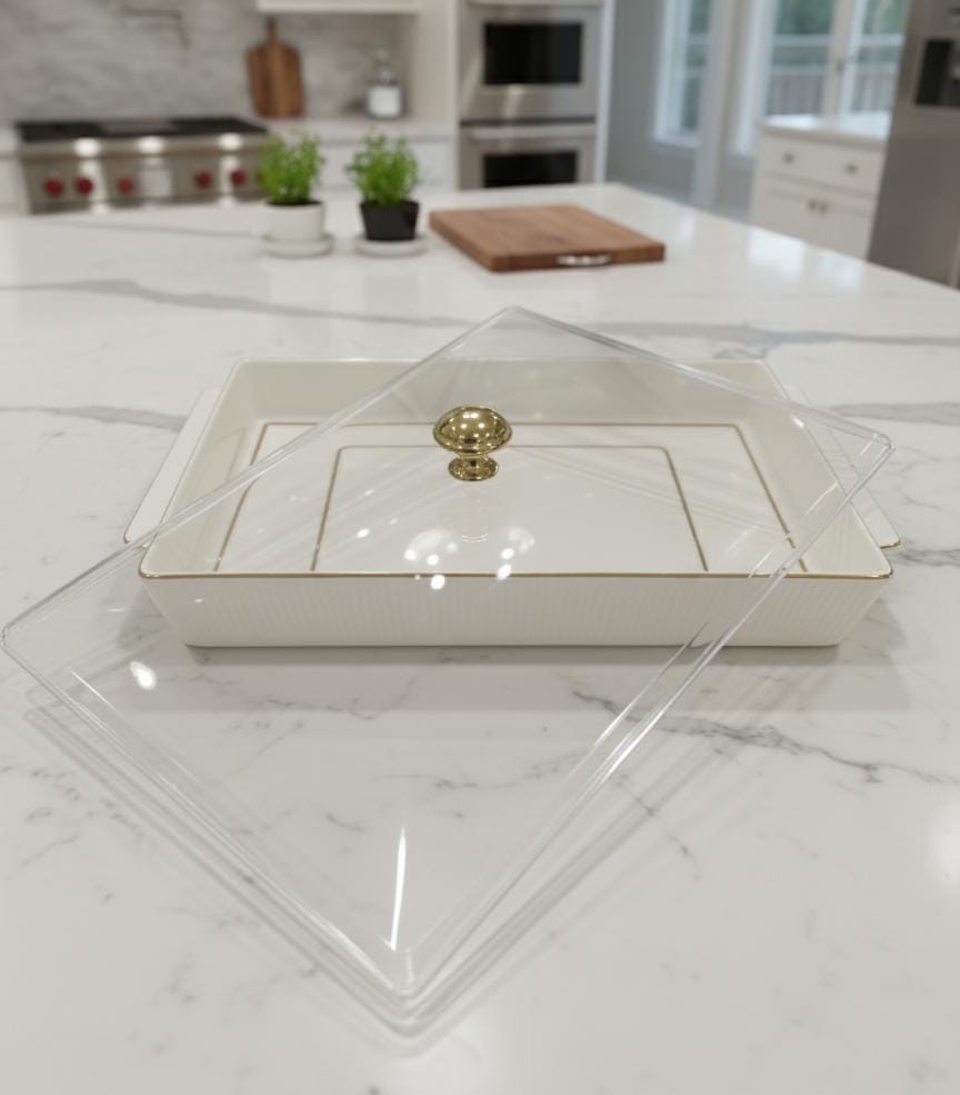 Christian Verucci Premium Ceramic Tray with Lid – 16 Inch White & Gold Finish, Decorative Serving Dish