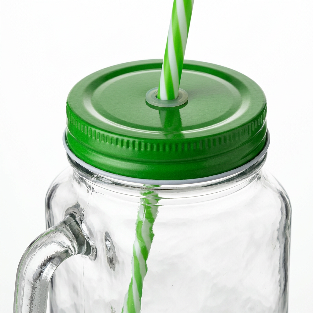 Mason Glass Jar with Handle & Straw Green - 500ml