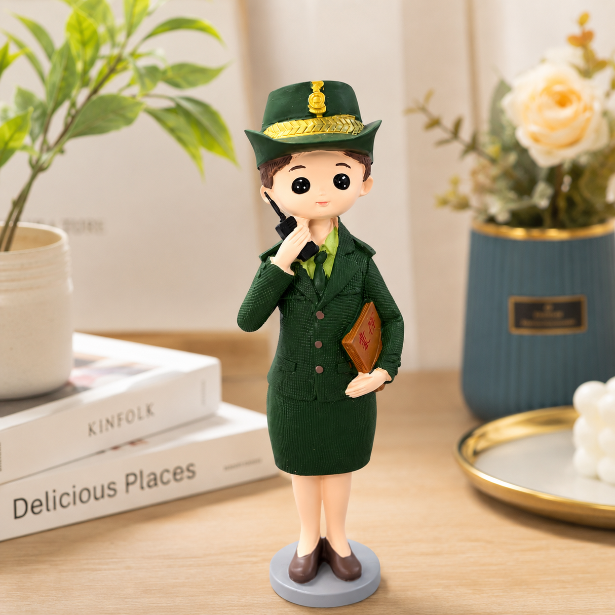 Dark Green Girl Police Officer Polyresin Decorative Figurine - 20cm