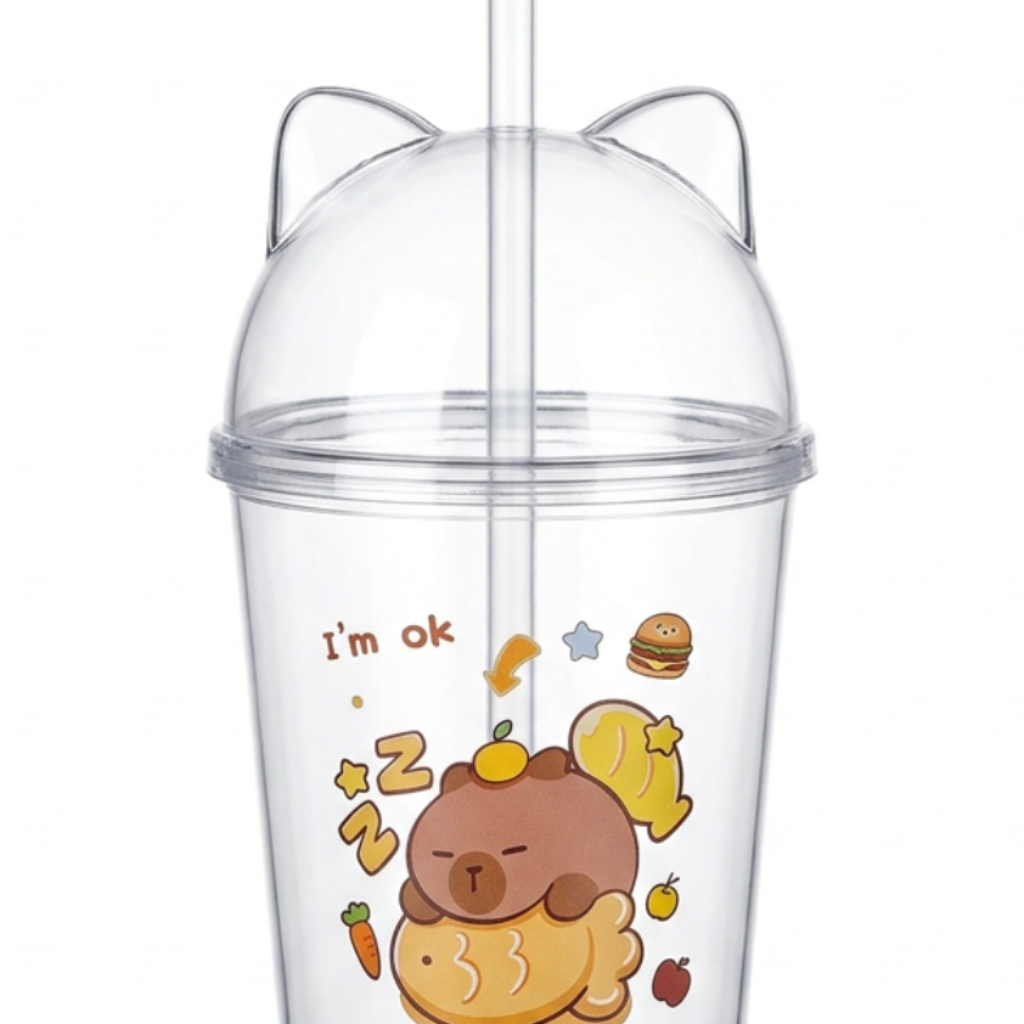 Plastic Juice Mug with Cat-Ear Lid & Straw - 500ml