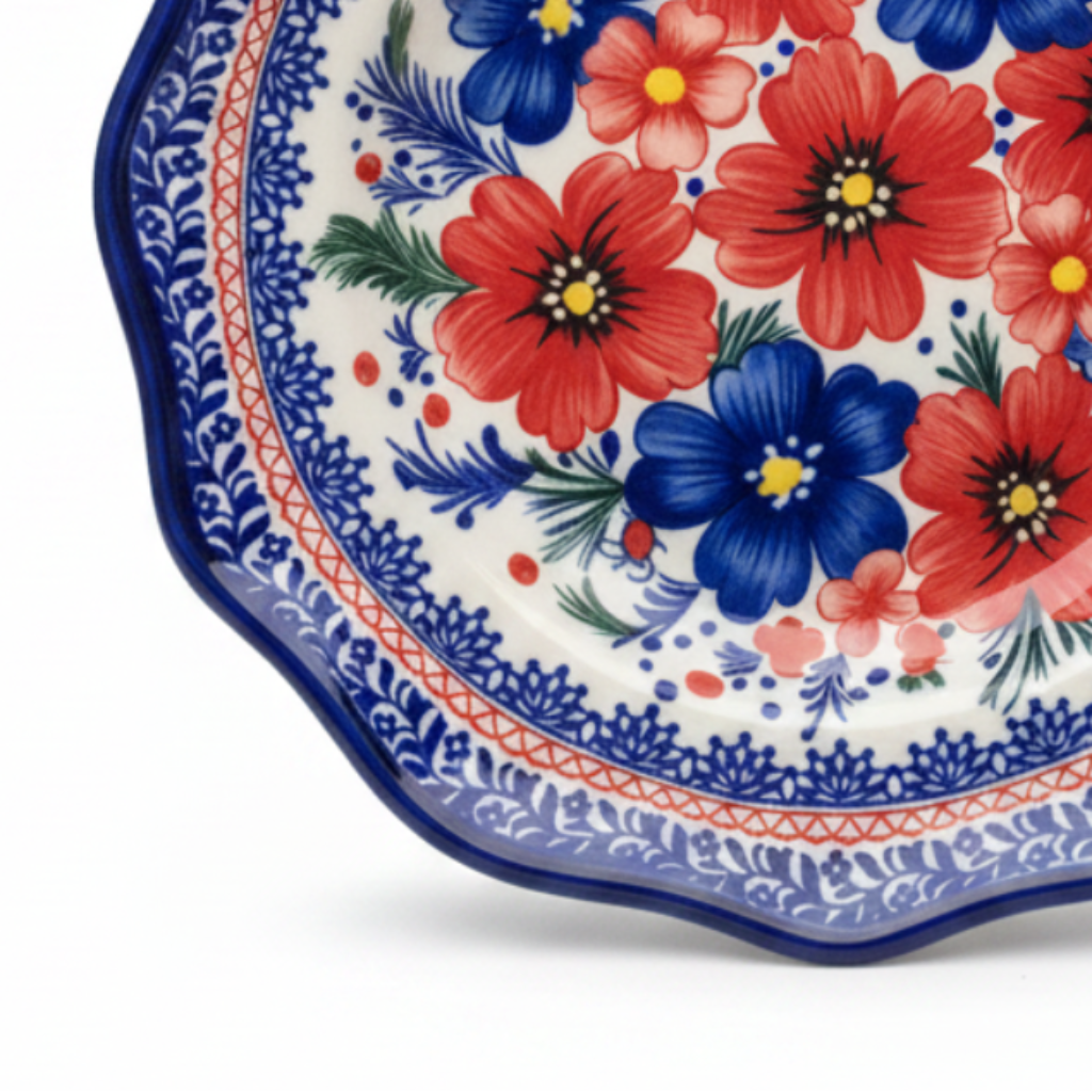 New East Sun Ceramic Dessert Plate Blue & Red Floral Design - 9.2 Inch