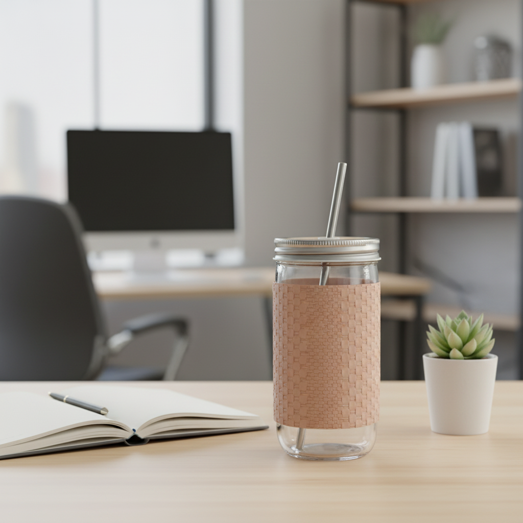 Glass Bottle with Straw Beige - 410ml