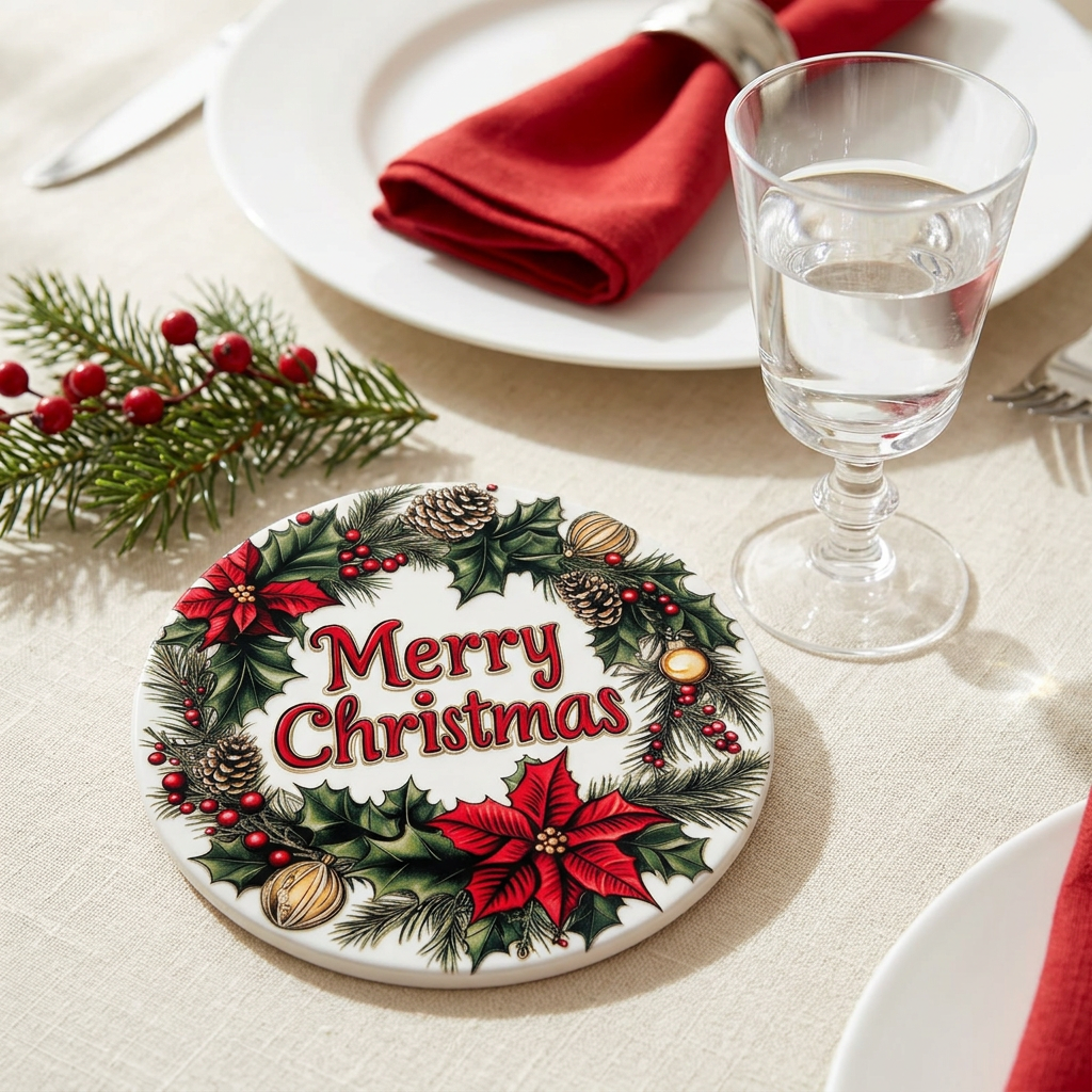 Ceramic-Coated Round Christmas Coaster - 10cm