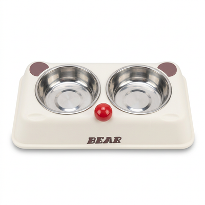 Plastic and Metal Double Pet Food Bowl Set Ivory White - 30×14cm