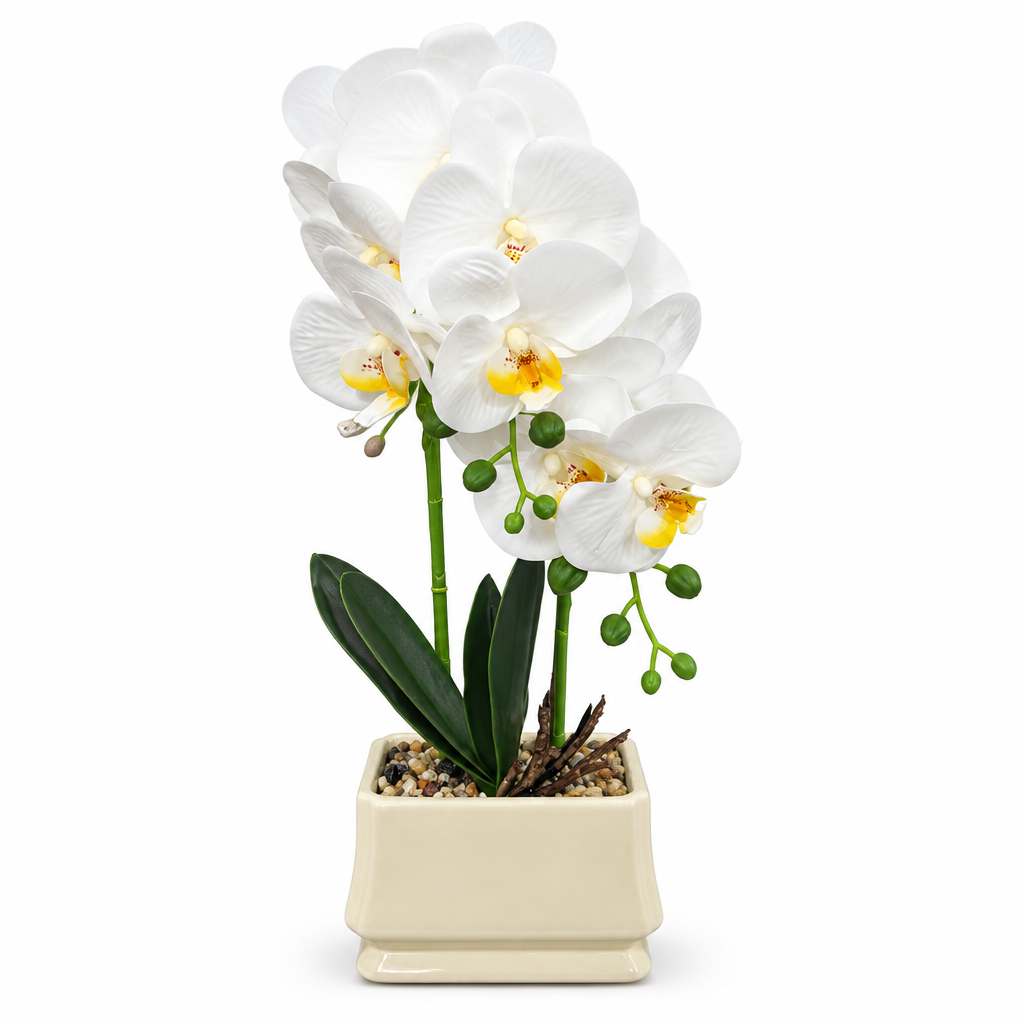 Artificial Orchid Flower Plant in Ceramic Pot White  – 40cm