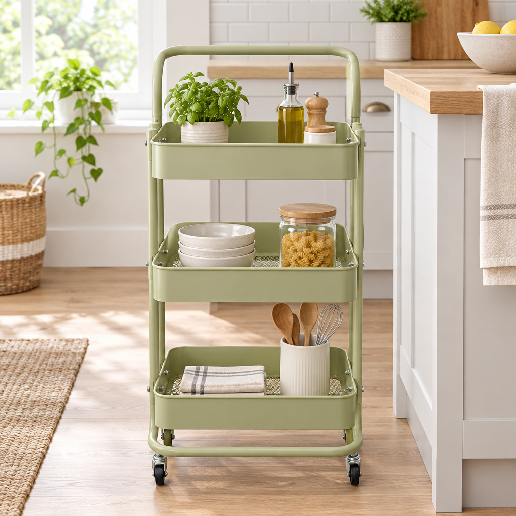 3-Tier Metal Storage Trolley with Wheels Sage Green - 73×38×28cm