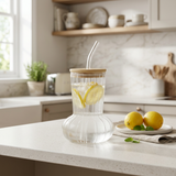 Ribbed Glass Bottle with Lid & Straw - 500ml