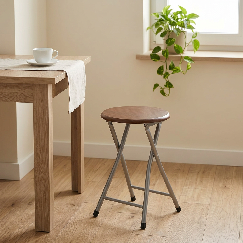 Wooden & Metal Folding Stool Brown & Silver – 30×45cm