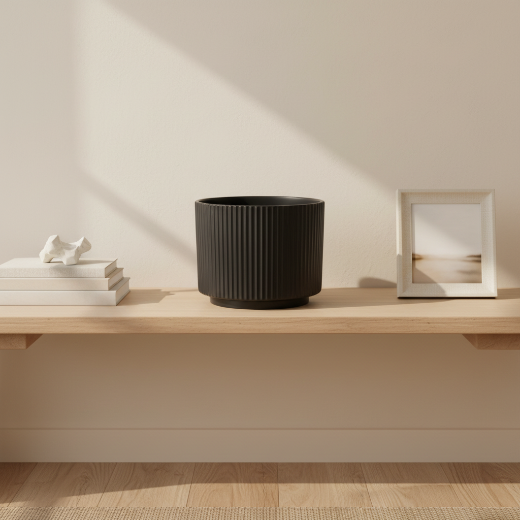 Ribbed Ceramic Vase - 18×25cm - Black / Green