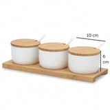 Danny Home 3-Piece Ceramic Canister Set with Wooden Lids, Tray & Spoons, White, 10 × 6 cm