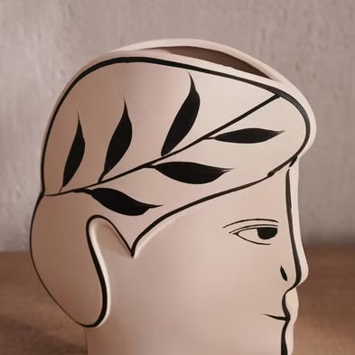 AKDC Clay Flower Vase 15cm*5cm*19cm, Artistic Face-Shaped Planter with Leaf Design, Beige and Black