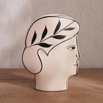 AKDC Clay Flower Vase 15cm*5cm*19cm, Artistic Face-Shaped Planter with Leaf Design, Beige and Black