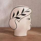 AKDC Clay Flower Vase 15cm*5cm*19cm, Artistic Face-Shaped Planter with Leaf Design, Beige and Black