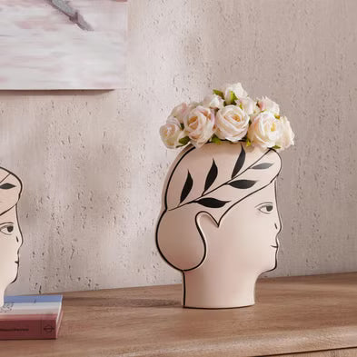 AKDC Clay Flower Vase 15cm*5cm*19cm, Artistic Face-Shaped Planter with Leaf Design, Beige and Black