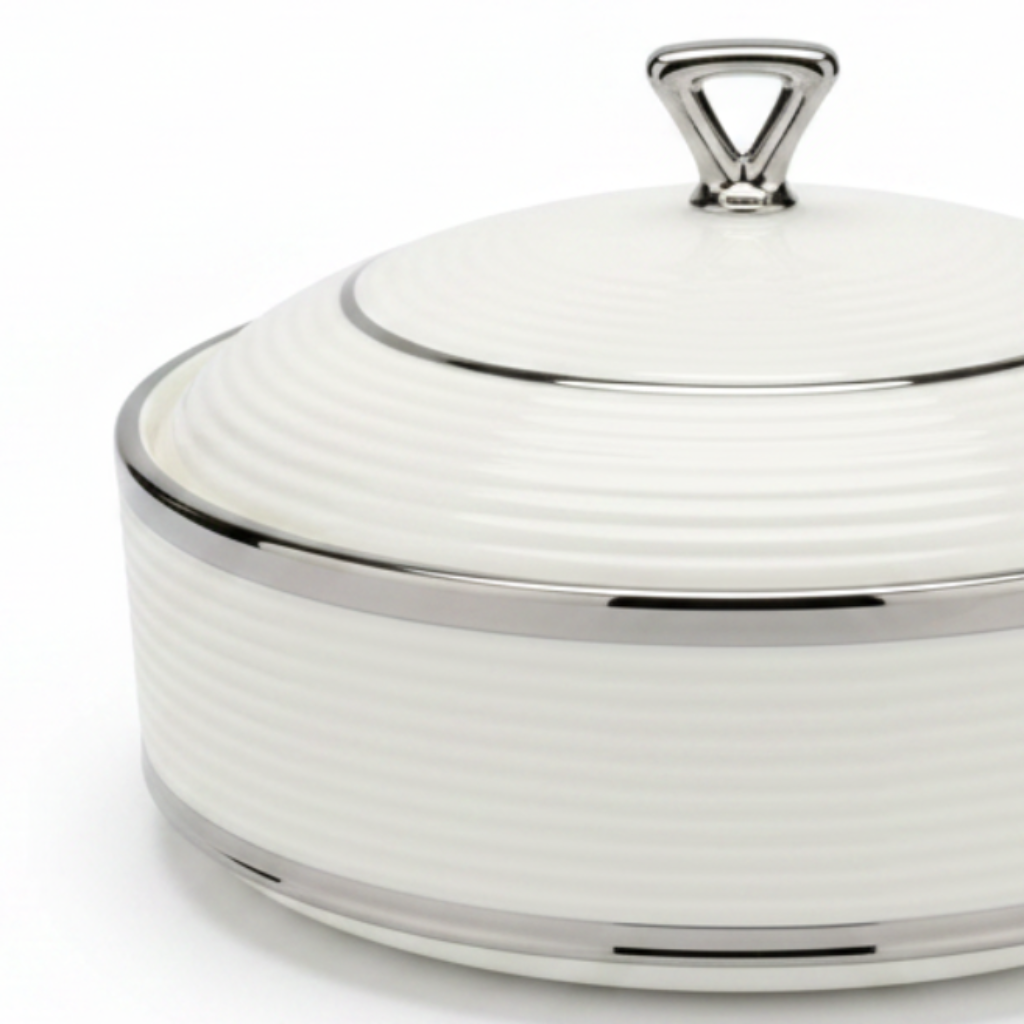 Ceramic Bowl with Lid White and Silver - 8 Inch