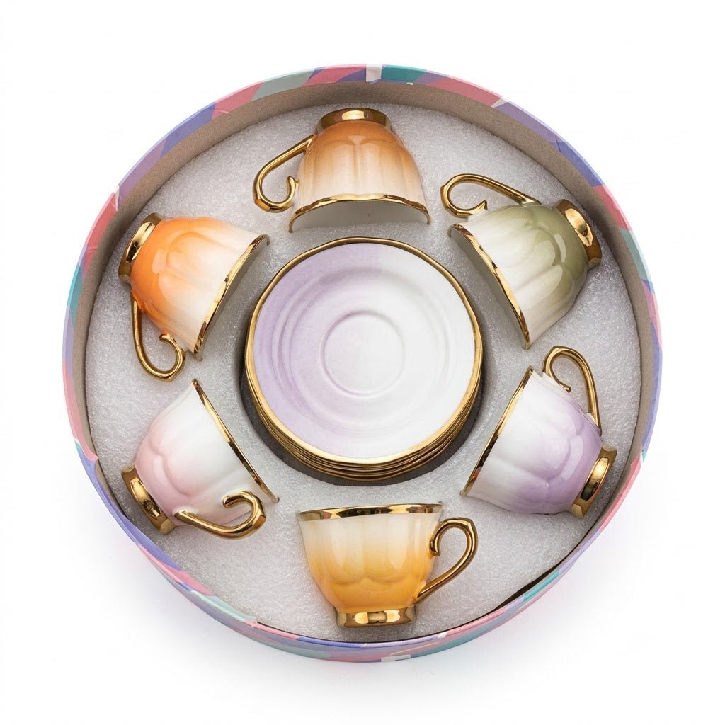 12-Piece Ceramic Cup & Saucer Set | 6 Cups + 6 Saucers | Assorted Ombre Colors | Gold-Trim Handles - Al Kabayel Discount Centre12-Piece Ceramic Cup & Saucer Set | 6 Cups + 6 Saucers | Assorted Ombre Colors | Gold-Trim HandlesTea SetsAKDCAl Kabayel Discount Centre