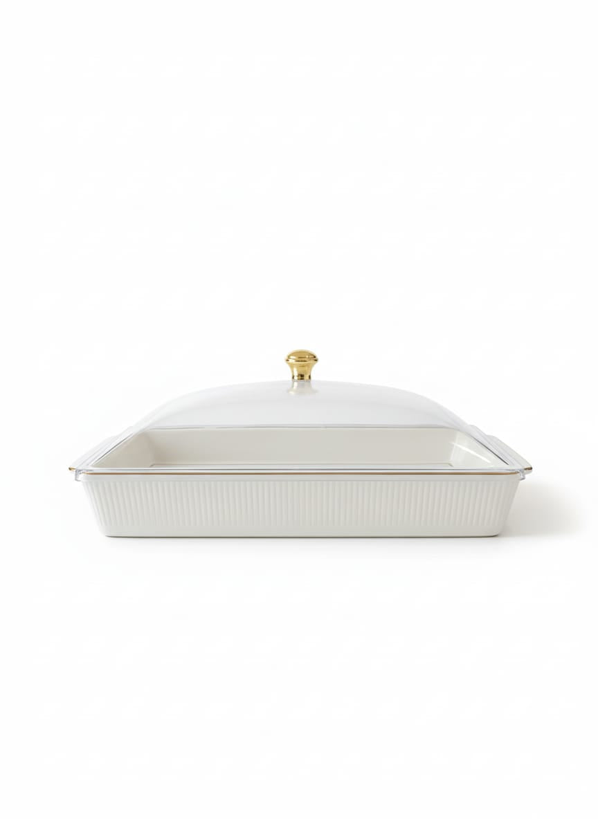 Christian Verucci Premium Ceramic Tray with Lid – 16 Inch White & Gold Finish, Decorative Serving Dish