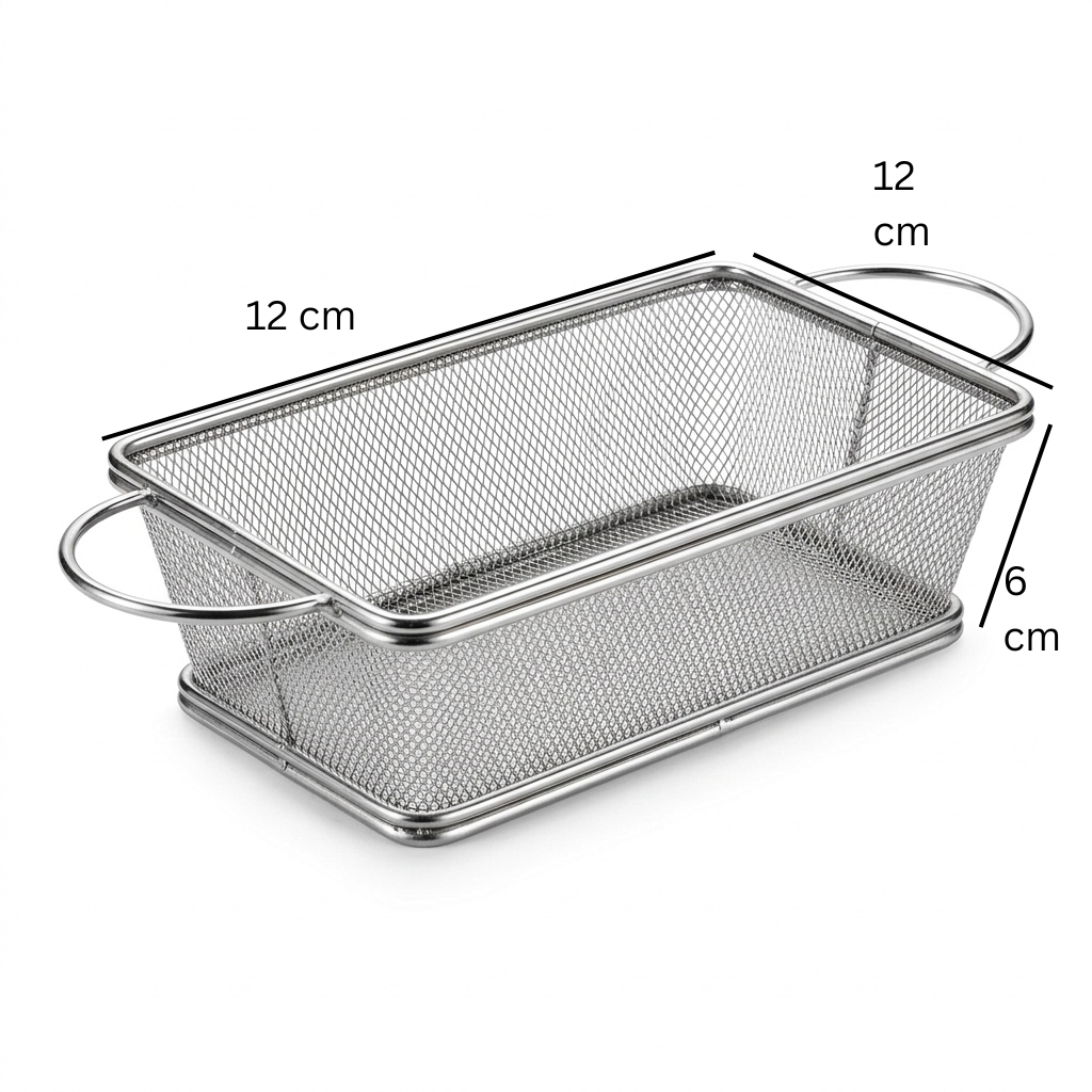 Yuniverse Rectangular Mesh Fries Basket – Silver, 21 × 12 × 6 cm