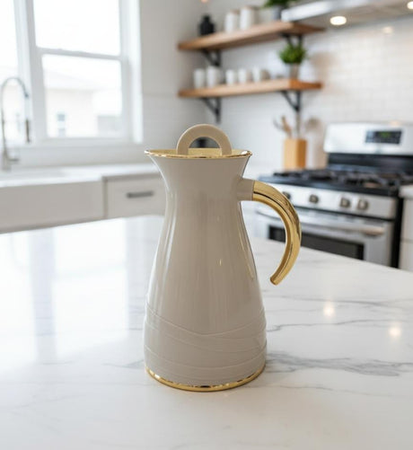 Rejal 1 Liter Modern Vacuum Flask – Gray Body with Gold Trim Finish, Premium Flask for Everyday Use