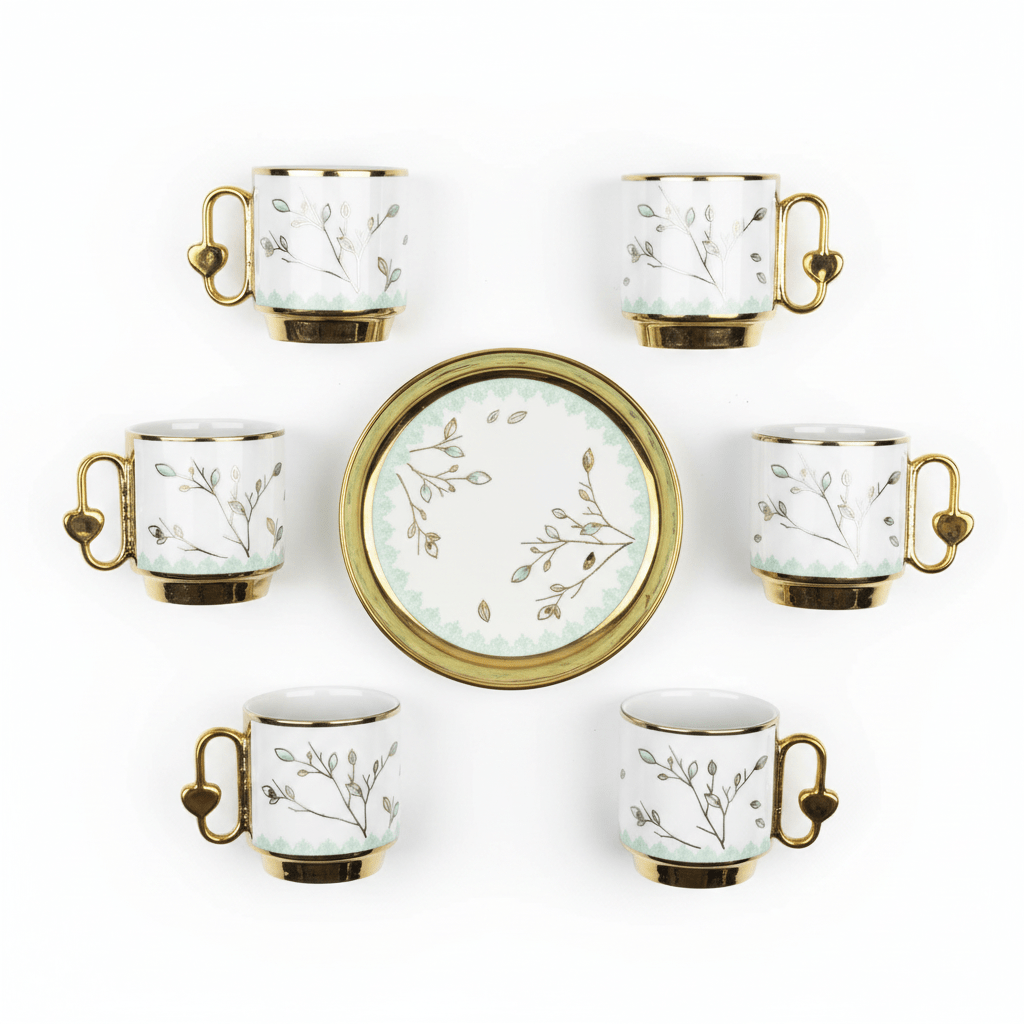 12PCS Ceramic Cup & Saucer Set – 6 Cups & 6 Saucers | Gold & Mint Green Floral Design - Al Kabayel Discount Centre12PCS Ceramic Cup & Saucer Set – 6 Cups & 6 Saucers | Gold & Mint Green Floral DesignTea SetsAKDCAl Kabayel Discount Centre