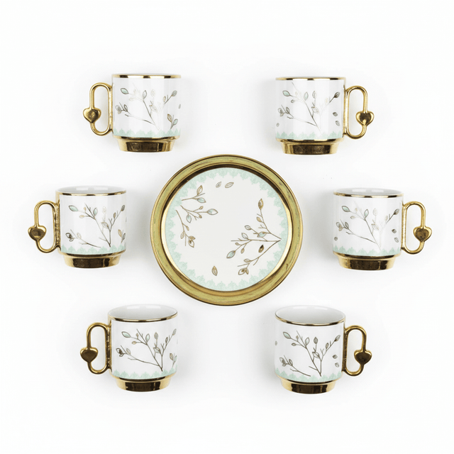 12PCS Ceramic Cup & Saucer Set – 6 Cups & 6 Saucers | Gold & Mint Green Floral Design - Al Kabayel Discount Centre12PCS Ceramic Cup & Saucer Set – 6 Cups & 6 Saucers | Gold & Mint Green Floral DesignTea SetsAKDCAl Kabayel Discount Centre