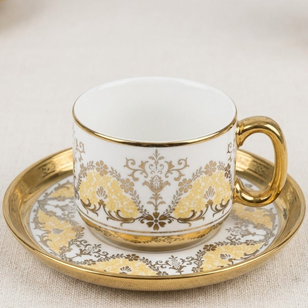 12PCS Luxury Ceramic Cup & Saucer Set – 6 Cups & 6 Saucers | Gold Floral Design - Al Kabayel Discount Centre12PCS Luxury Ceramic Cup & Saucer Set – 6 Cups & 6 Saucers | Gold Floral DesignTea SetsAKDCAl Kabayel Discount Centre