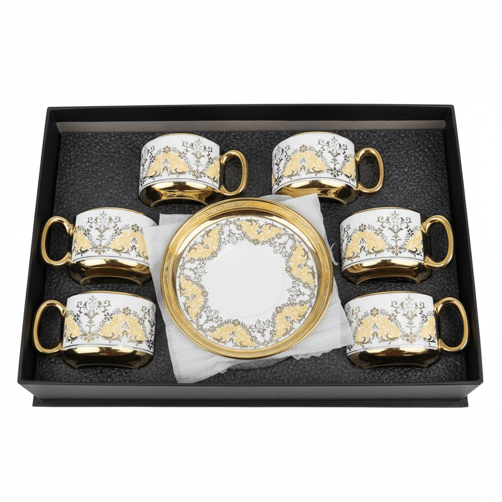 12PCS Luxury Ceramic Cup & Saucer Set – 6 Cups & 6 Saucers | Gold Floral Design - Al Kabayel Discount Centre12PCS Luxury Ceramic Cup & Saucer Set – 6 Cups & 6 Saucers | Gold Floral DesignTea SetsAKDCAl Kabayel Discount Centre