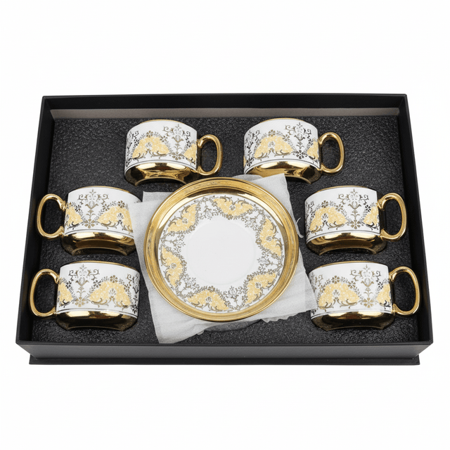 12PCS Luxury Ceramic Cup & Saucer Set – 6 Cups & 6 Saucers | Gold Floral Design - Al Kabayel Discount Centre12PCS Luxury Ceramic Cup & Saucer Set – 6 Cups & 6 Saucers | Gold Floral DesignTea SetsAKDCAl Kabayel Discount Centre