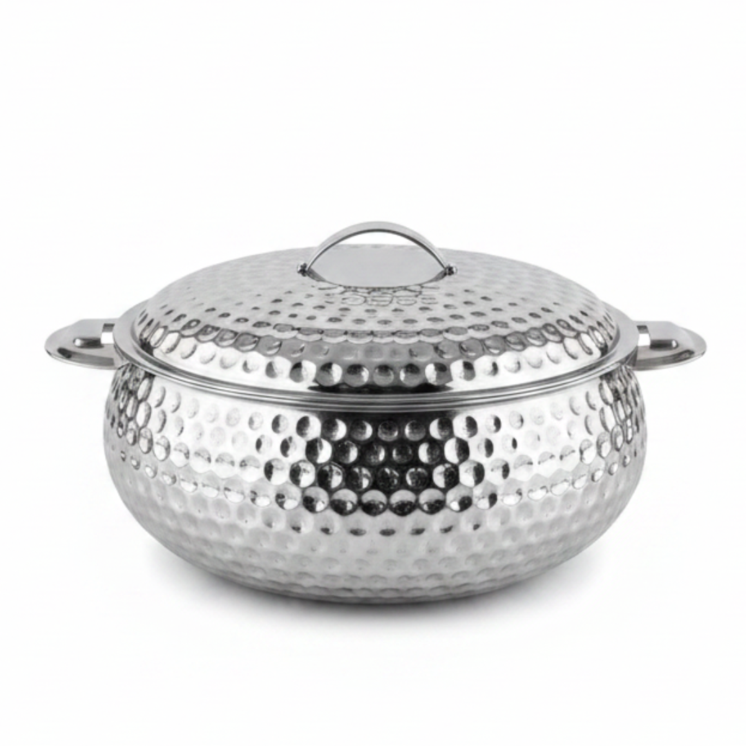 Pradeep Shahla Silver Stainless Steel Hotpot | Hammered Diamond-Texture Insulated Casserole Dish with Lid & Handles |