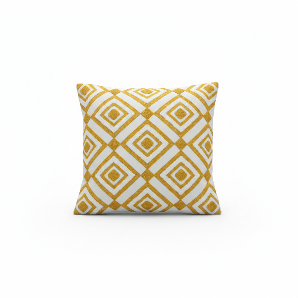 Tufted Geometric Cushion  Mustard Gold & White - 40cm