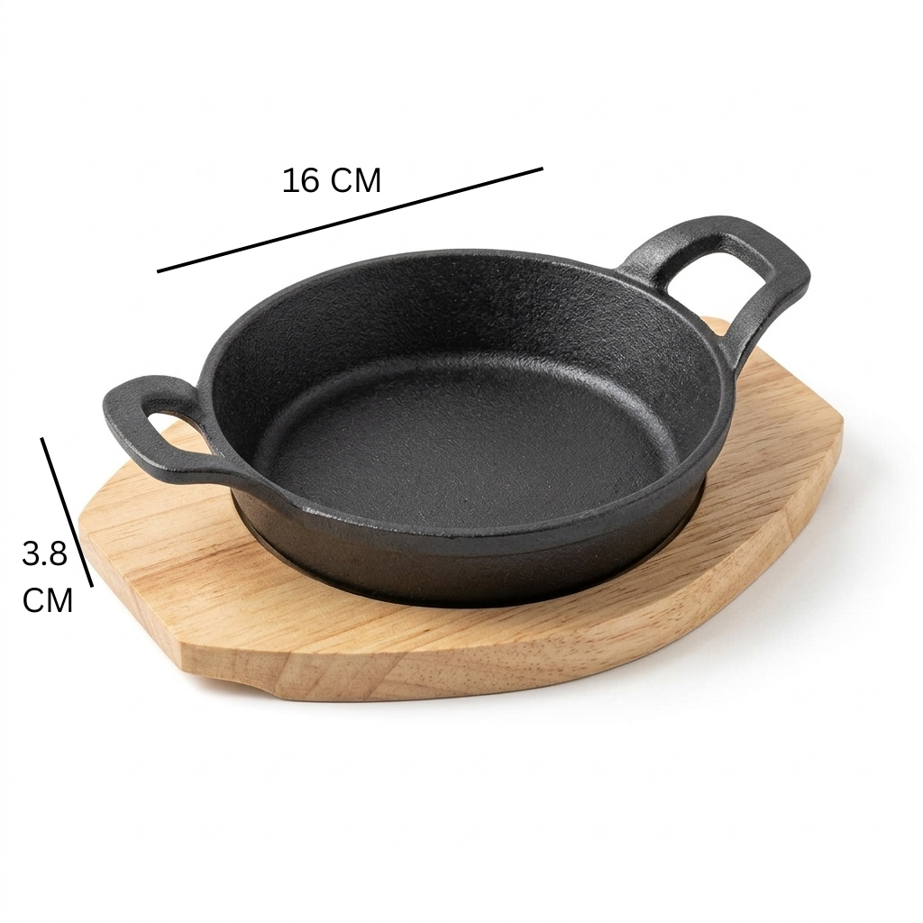 Vague Cast Iron Sizzling Pan with Wooden Base – Black, 16 × 3.8 cm