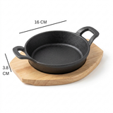 Vague Cast Iron Sizzling Pan with Wooden Base – Black, 16 × 3.8 cm