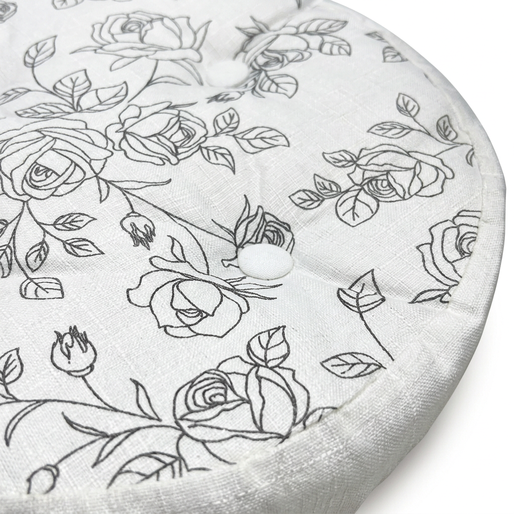 Round Rose Print Tufted Cushion White & Grey - 40cm