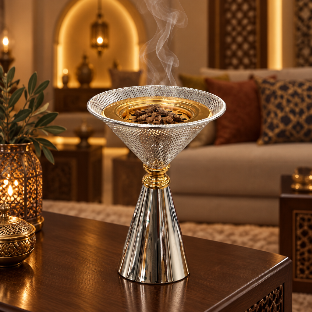 مبخرة معدنية بقاعدة مزخرفة لون فضي وذهبي – 21×15 سم
