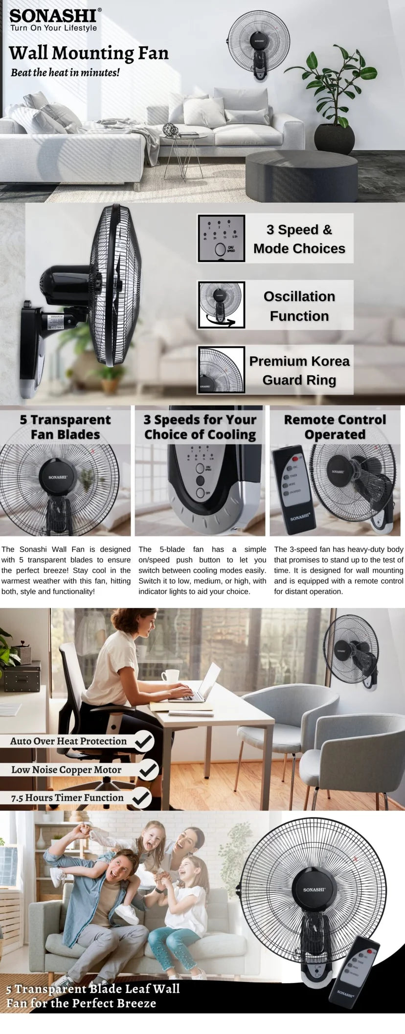 Sonashi 16-Inch Wall Fan With Remote Control SF-8007WR
