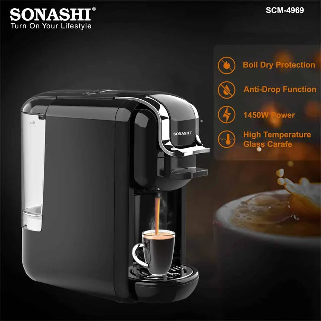 ماكينة قهوة إسبريسو سوناشي 3 في 1 متعددة الكبسولات 1450 واط SCM-4969