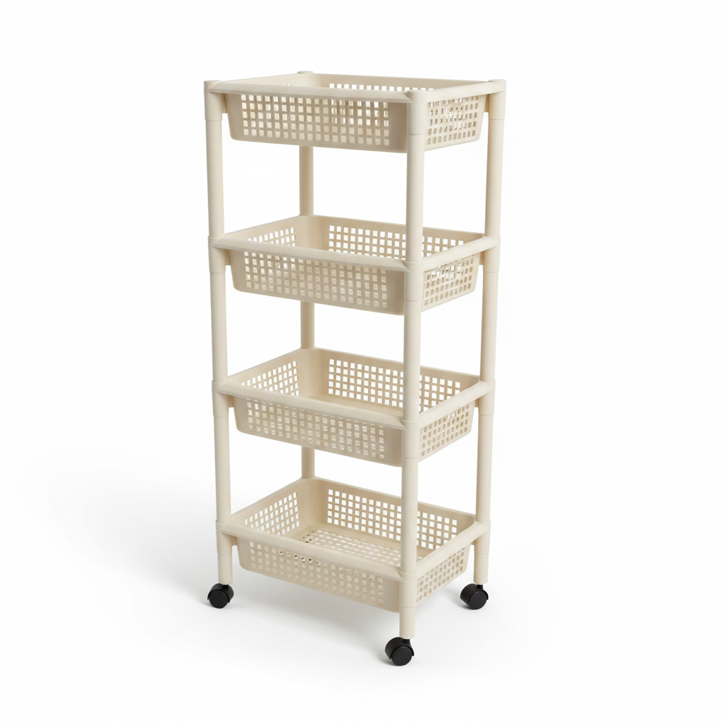 Plastic 4-Tier Storage Rack with Wheels Cream – 100×45×30cm