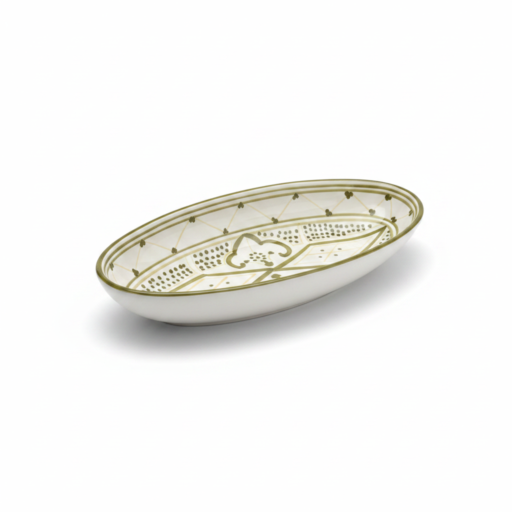 Slama White & Olive Gold Ceramic Oval Serving Plate - 31 cm