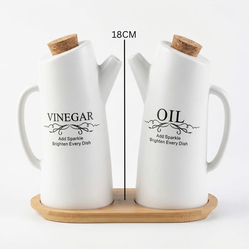 Ceramic Oil & Vinegar Bottle Set with Bamboo Tray