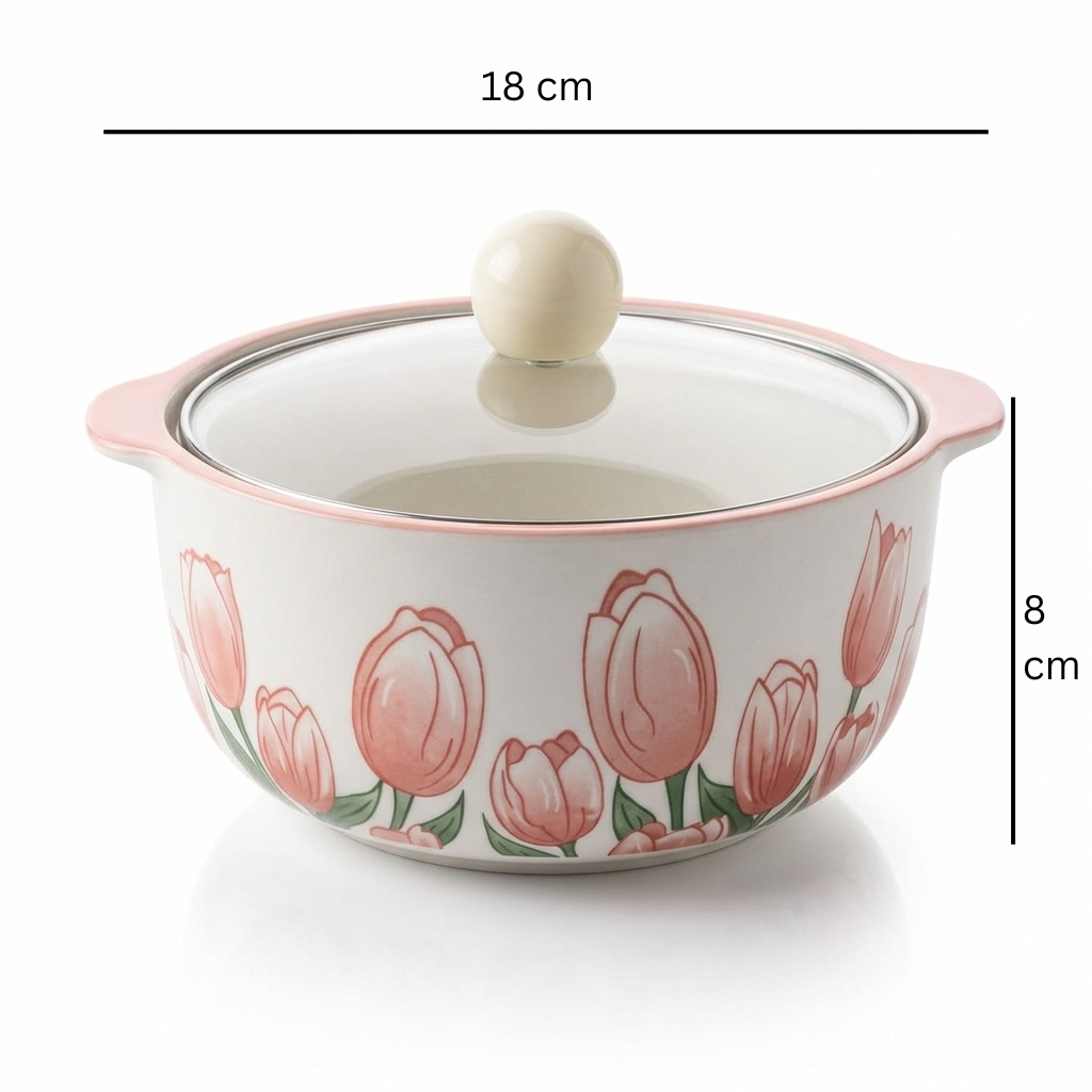 Ceramic Serving Bowl with Glass Lid, Pink Tulip – 18 × 8 cm