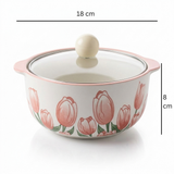 Ceramic Serving Bowl with Glass Lid, Pink Tulip – 18 × 8 cm