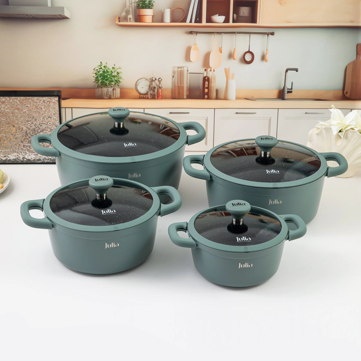 Julia Casserole Set 8Pcs - Green Teal - Durable Die-Cast Aluminum - Non-Stick